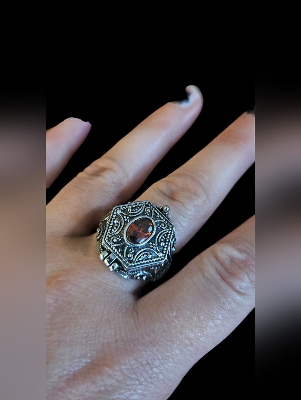 Silver-Tone Ring with Deep Red Center Stone